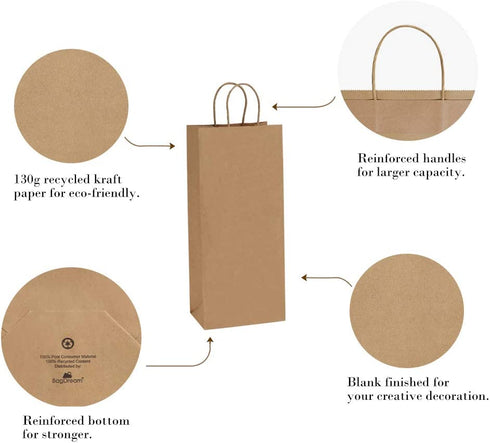 BagDream Kraft Paper Bags 5.25x3.25x13 Inches 50Pcs Wine Bags Paper Gift Bags Kraft Bags Retail Bags Brown Paper Wine Bags with Handles Bulk