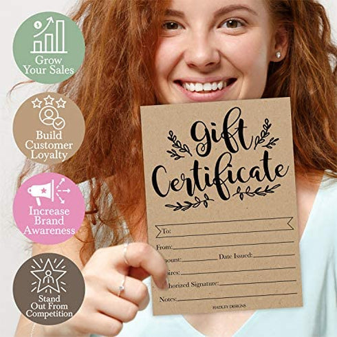25 Rustic Blank Gift Certificates for Small Business, Black Kraft Paper Voucher for Massage, Hair & Nail Salon Spa, Restaurants, and DIY Coupon Cards for Birthday, Mom Valentines Day, Him & Her, 5x7"