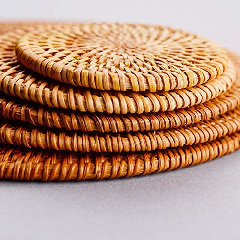 Rattan Trivets for Hot Dishes,Set of 5 PCS Kitchen Hot Pads for Coutertops,Pots and Pans,Decorative Woven Wood Place Mats for Dining Table,Heat Resistant Holders,Round Diameter 7.08" (Natural Gold)