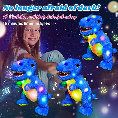Cuteoy LED Musical T-Rex Blue Stuffed Dinosaur Light up Singing Plush Toy Adjustable Volume Lullaby Animated Soothe Birthday Gifts for Kids Toddlers, 12’’