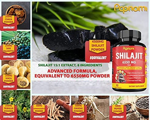 Shilajit Extract Capsules equivalent to 6550mg & Ashwagandha, Ginseng, Saw Palmetto, Maca, Tribulus, Chaga, Pepper | Trace Minerals Fulvic Acid|Immune Support, Brain Boost Supplement, 3 Months Supply