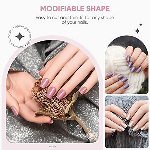 240PCS Press on Nails, OPOVE Short Acrylic glossy Nails Coffin Medium Length, Professional Nail Art Tips Set, Fake Nails with Nail File, Cuticle Stick, Stick on False Artificial Nails with Solid Color
