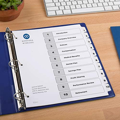 Avery 10-Tab Dividers for 3-ring Binders, Customizable Table of Contents, Classic White Tabs, 1 Set (11077)