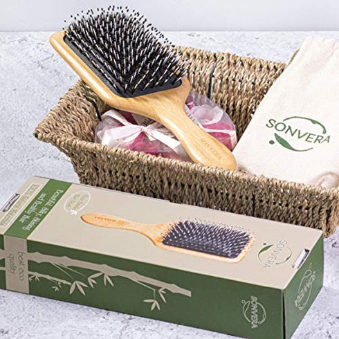 Boar Bristle Hair Brush Men Detangling Hair Brushes for Women Mens Paddle Brush Bamboo Wooden Bore Natural Hairbrush for Shine Soft Fine Hair Reduce Frizz Dry Improve Hair Texture