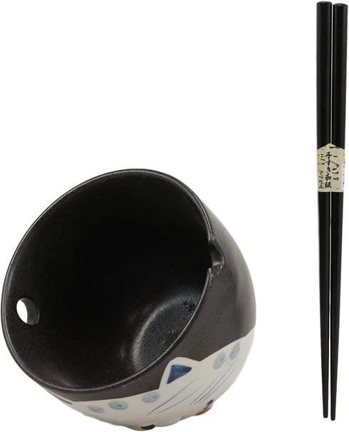 Ebros Whimsical Ceramic Black Lucky Meow Cat Pasta Ramen Udong Pho Noodles Soup Bowl and Chopsticks Set Dining Gourmet Meal Feline Cats Collection Rice Bowls Decor Kitchen