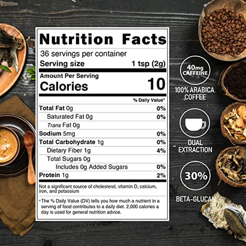Mushroom Coffee - 36 Servings, Instant Coffee Mix Includes 10 Mushrooms Extract Powder (30% Beta-glucan)