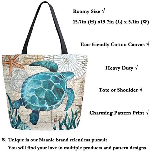 Naanle Ocean Turtle Canvas Tote Bag Large Women Casual Shoulder Bag Handbag, Sea Turtle Reusable Multipurpose Heavy Duty Shopping Grocery Cotton Bag for Outdoors.