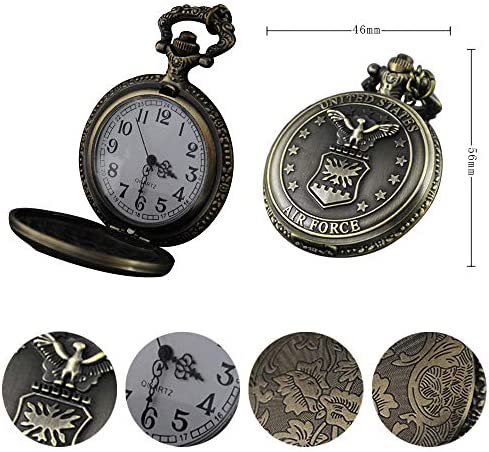 VIGOROSO Vintage Retro Pocket Watch UNITED STATES AIR FORCE Style Bronze Steampunk Chain in Box