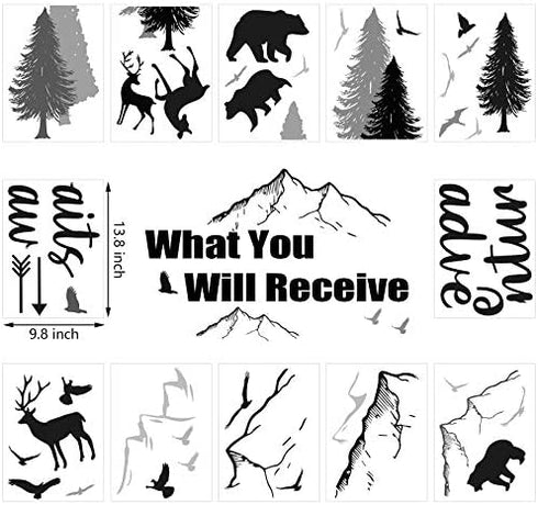 Pajean Woodland Nursery Wall Stickers Tree Wall Decals Vinyl Wall Quotes Stickers Jungle Wild Mountain Forest Animal Deer Bear DIY Stickers for Kids Room Decor Boy Living Room Bedroom, 9.8 x 13.8 Inch