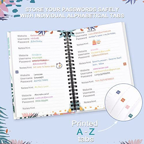 JUBTIC Password Book with Printed Alphabetical Tabs - Spiral Bound Password Keeper for Internet Address, Website, Username Log in. Password Organizer & Notebook for Home Office -5.2" x 7.7''