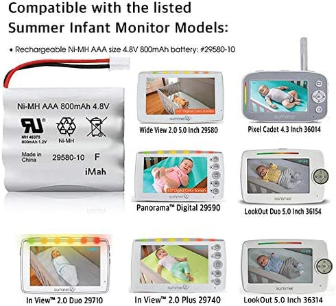 Replacement 29580-10 Battery for Summer Infant Baby Monitor 29580 29590 29610 29620 29630 29710 29740 29790 29940 Ni-MH AAA 800mAh 4.8V