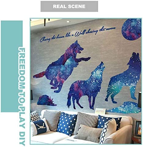 HO BEAR Starry Sky Galaxy Wolf Room Decor Wall Decal and Glow Moon Star Stickers Teen Bedroom Wall Decor Murals