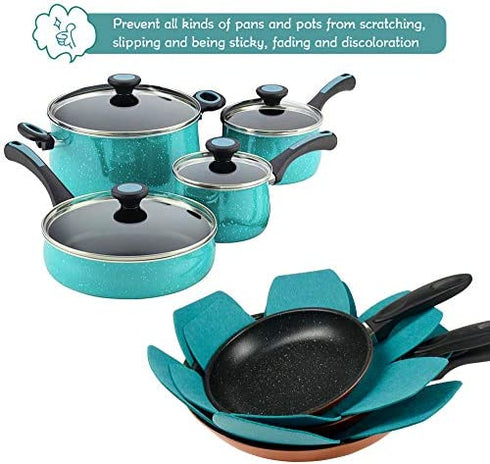BYKITCHEN Pot and Pan Protectors, Set of 12 and 3 Different Sizes, Larger & Thicker Felt Pan Protector Pads, Cyan Pot Separators Protectors for Stacking and Protecting Your Cookware