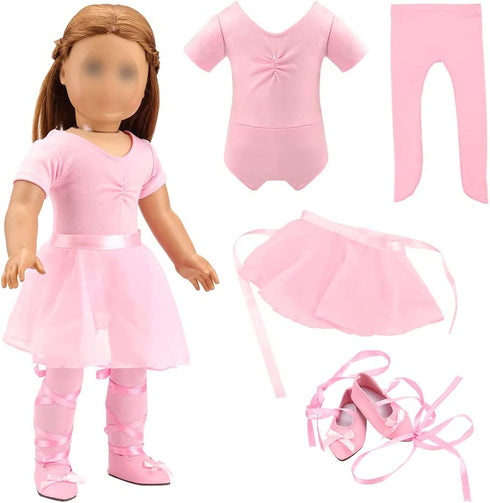 BARWA 18 Inch Doll Clothes Ballet Ballerina Outfits Dance Dress Custume Compatible with 18 Inch Dolls - 4 PCS Pink Leotard with Tutu Skirt, Tights and Ballet Shoes