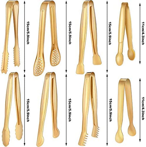 8 Pieces Gold Tongs Mini Serving Tongs Set Small Kitchen Appetizer Tongs Stainless Steel Sugar Cube Tongs for Tea Party Coffee Bar Cooking