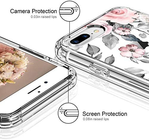 ICEDIO iPhone 8 Plus Case,iPhone 7 Plus Case with Screen Protector,Floral Designs for Girls Women,Shockproof Protective Phone Case for iPhone 8 Plus/7 Plus Pink Flowers Grey Leaves