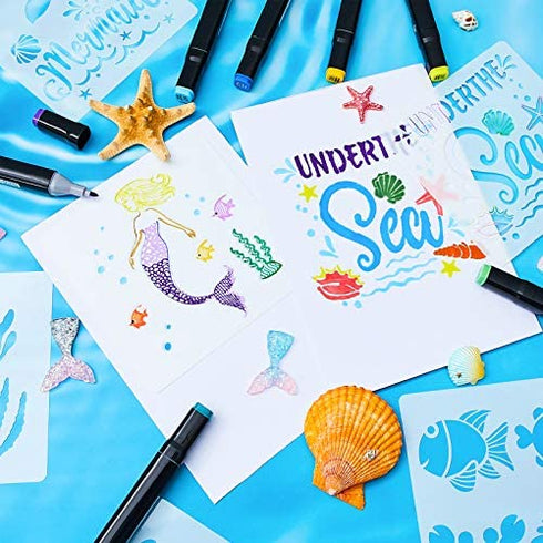 20 Pieces Mermaid Sea Ocean Creatures Stencils Sea Painting Templates Reusable Sea Animal Painting Stencils for DIY Crafts Scrabooking Painting on Wood (13 x 13 cm/ 5.1 x 5.1 Inch)