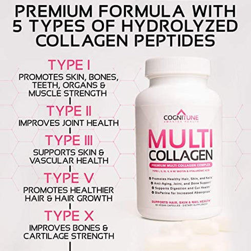 Multi Collagen Pills with Hyaluronic Acid and Vitamin C, Biotin - Type I, II, III, V, X Hydrolyzed Collagen Protein; Healthy Hair, Skin, Nails, Joints -120- Collagen Peptides Capsules for Women & Men