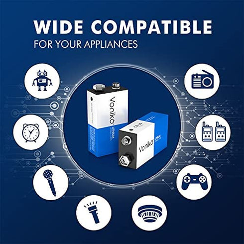 VONIKO Lithium Batteries 9 Volt 2 Pack – 9V Lithium Batteries – Long Life Smoke Detector Batteries 10 Years Shelf Life - 9 Volt Battery for Smoke Alarms and Medical Equipment
