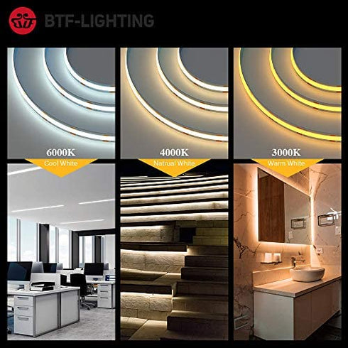 BTF-LIGHTING FCOB COB Flexible High Density Uniform Light LED Strip 10W/m 16.4FT DC24V Warm White 3000K CRI 90+ 8mm Width Dimmable LED Ribbon for Bedroom Kitchen Home Indoor Decoration