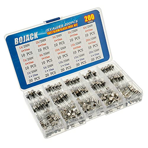 BOJACK 15 Values 200 pcs Fast-Blow Glass Fuses Assortment Kit 5x20mm 250V 1 5 10 15 20A 6x30mm 250V 1 2 3 5 6 7 8 10 15 20A amp packag in a Clear Plastic Box