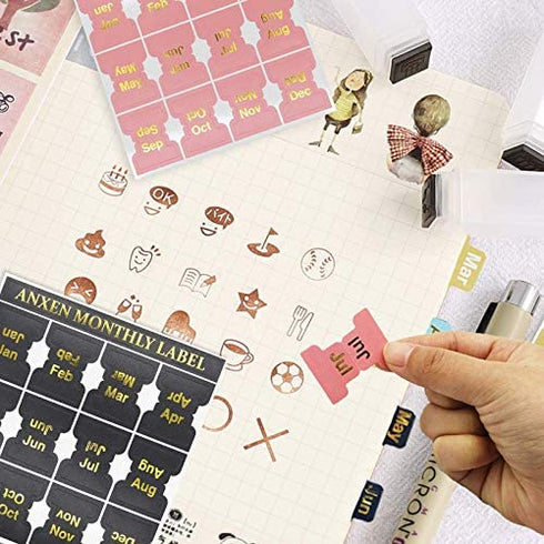 OWLKELA - 48 Pieces Self-Adhesive Month Stickers, Adhesive Tabs Designer Accessories Monthly Tabs Planner Stickers Decorative, Planner Tabs for Journal and Notebook