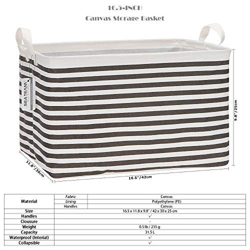 Sea Team Collapsible Canvas Fabric Storage Basket with Handles, Rectangle Waterproof Storage Bin, Box, Cube, Foldable Shelf Basket, Closet Organizer, 16.5 x 11.8 x 9.8 Inches, Black Stripe