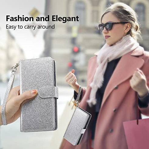Varikke Samsung S20 FE Case Wallet, Case for Samsung S20 FE 5G with 9 Card Holders & Magnetic Detachable Cover & Kickstand & Lanyard Strap Glitter PU Leather Folio Flip Case for Galaxy S20 FE, Silver