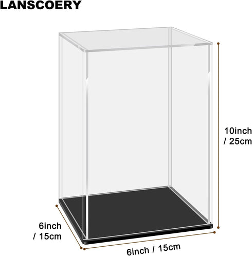 LANSCOERY Clear Acrylic Display Case Assemble Countertop Box Cube Organizer Stand Dustproof Protection Showcase for Action Figures Toys Collectibles (6x6x10 inch; 15x15x25cm)
