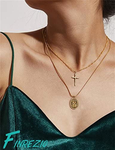 Finrezio 14K Gold-Plated Catholic Christian Jewelry Cross and Virgin Mary Pendant Necklace for Women Multilayer Necklace Set