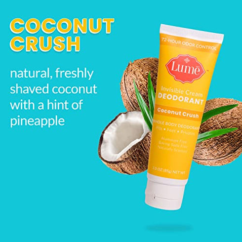 Lume Deodorant Cream Tube - Underarms and Private Parts - Aluminum Free, Baking Soda Free, Hypoallergenic, and Safe For Sensitive Skin - 3oz Tube (Coconut Crush)