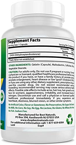 Best Naturals DHEA 100mg Supplement 60 Capsules - Supports Balanced Hormone Levels for Men & Women - Promotes Healthy Aging - USA Manufactured