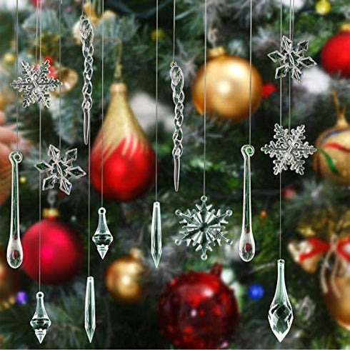 FEPITO 57 PCS Acrylic Christmas Decoration Acrylic Snowflake Icicles Christmas Icicle Snowflake with Crystal Line Ornaments Set for Christmas Tree Decorations