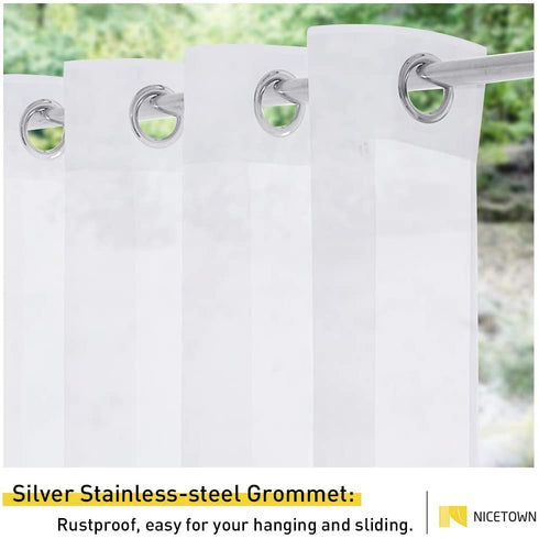 NICETOWN Waterproof Outdoor Sheer Curtain Panel Extra Wide and Long W100 x L108, Voile Soft Sheer Public Divider with Stainless Silver Grommet for Patio/Porch, 1 Panel with Rope Tieback, White