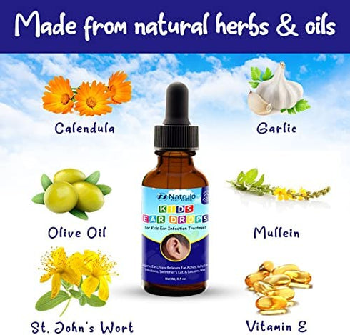 Natrulo Natural Ear Drops for Kids Ear Infection Treatment – Organic Children Ear Oil Drops Relieves Ear Aches, Itchy Ears, Infections, Swimmer's Ear, & Loosens Wax – Kids Safe, Made in USA