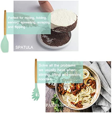 Silicone Spatula Set Pasta Spoon Cooking Utensils Set for Nonstick Cookware Pioneer Natural Wooden Handle Utensils Gift for Woman Mom Family(Mint Green)