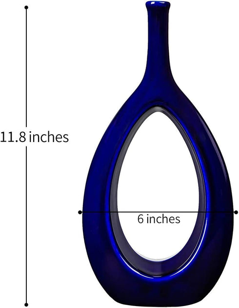 Samawi Blue Ceramic Vase/12 inch/Flowers Home Decor Decorative Blue Vase Modern/Geometric Vase/Peephole Vase for Living Room/Bedroom/Dining Table