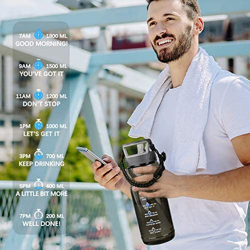 Big Motivational Half Gallon Water Bottle with Straw, BPA Free Resuable 64 OZ Water Bottle with Straw & Time Marker, 1/2 Gallon Sports Water Jug for Camping Hiking Fitness