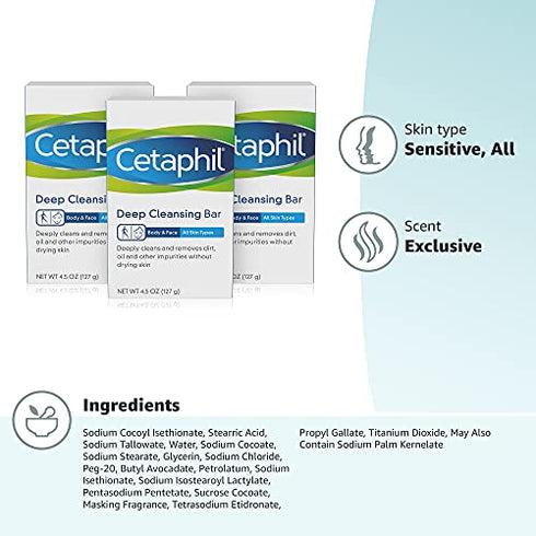 Cetaphil Bar Soap, Deep Cleansing Face and Body Bar, Pack of 3, For Dry to Normal, Sensitive Skin, Soap Free, Hypoallergenic, Paraben Free, Fragrance Free, Removes Makeup, Dirt and Oil