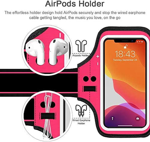 iPhone 14 Pro Max, 13 Pro Max, 14 Plus Armband with AirPods Holder, JEMACHE Gym Running Workouts Arm Band Case for iPhone 14 Plus, 14/13/12/11 Pro Max, Xs Max (Rosy)