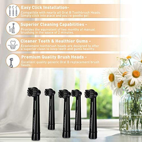 ecoELEMENT Compatible Oral B Black Replacement Heads - Pack of 4 Recyclable Charcoal Brush Heads for Oral Hygiene, Black
