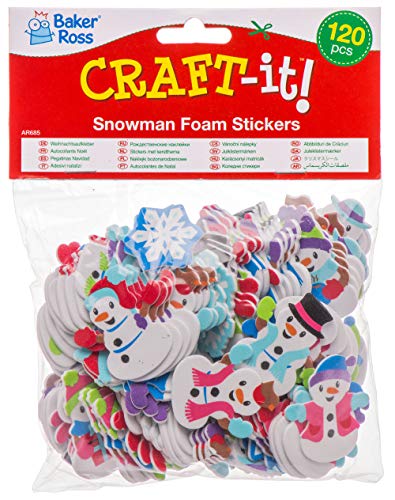 Baker Ross AR685 Snowman Foam Stickers - Pack of 120, for Kids' Christmas Crafts and Art Projects, Cards, Party Bags, and Ornaments, White