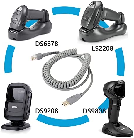 SinLoon Symbol Ls2208 USB Cable, USB A to RJ45 Coiled Spiral Extension Cable, Symbol Barcode Scanner Ls2208ap Ls1203 Ls4208 Ls4278 Ds6707 Ds6708 USB Cable,(10ft,3M)