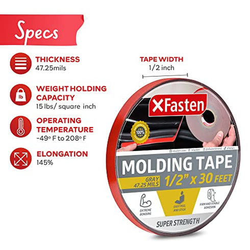 XFasten Super Strength Automotive Molding Tape, Gray, 1/2-Inch x 30-Foot, Double Sided Exterior Mounting Tape for Auto Body Molding, Trim, Side Mirror, Emblem, Nameplate and Outdoor Applications