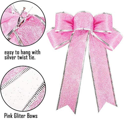 Beurio Pink Glitter Christmas Ribbon Bows Gifts Wreaths Wedding Party Decorations Hanging Ornaments, 6 pcs