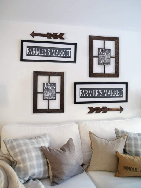 TIMEYARD Farmhouse Wall Decor Window Frame, Wooden Window Pane with Arrows Decor, Rustic Wall Art for Entryways, Living Room, Dining Room, Bedroom, Bathroom, 13in L x 2.2in W, Dark Brown, 2set