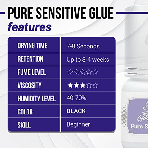Pure Sensitive Eyelash Extension Glue - Forabeli 5ml NO Fume NO Irritation for Professional Use 7-8 Sec Drying time 3-4 Weeks Retention Black Lash Adhesive for Beginners Eyelash Extension Supplies