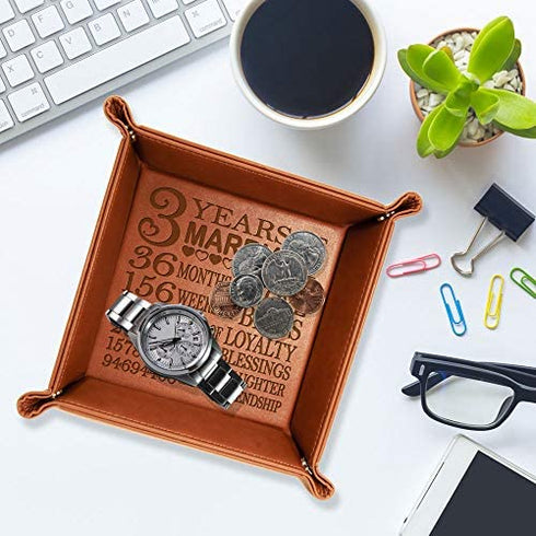 Kate Posh - 3 Years of Marriage Engraved Leather Catchall Valet Tray, Our 3rd Wedding Anniversary, 3 Years as Husband & Wife, Gifts for Her, for Him, for Couples (Rawhide)