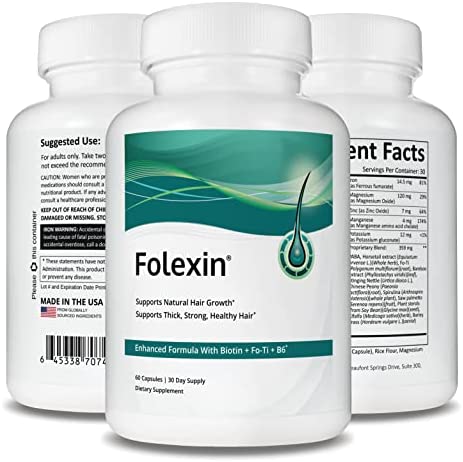 Folexin Hair Growth Support Supplement for Women & Men with Biotin, Vitamin B6 & Other Hair Vitamins for Thicker Hair Growth & Hair Health Support. 60 Capsules