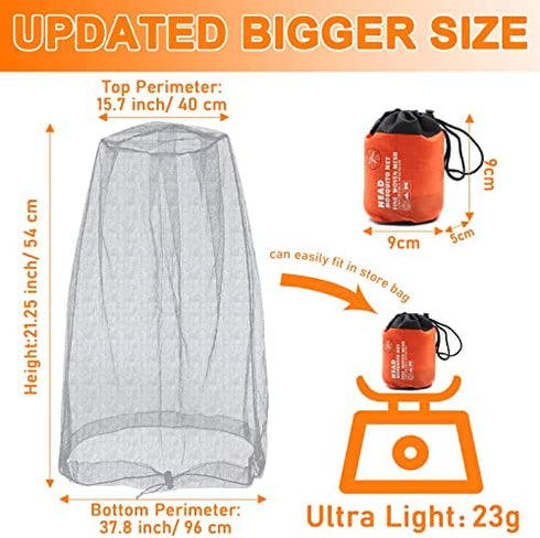 Benvo Mosquito Head Net Mesh, Face Neck Fly Netting Hood from Bugs Gnats Noseeums Screen Net for Any Outdoor Lover- with Carry Bags Fits Most Sizes of Hats Caps (2pcs, Light Grey, Updated Big Net)
